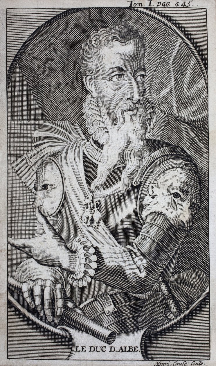 Muotokuva Ferdinand Alvare de Toledosta (1507-1582), Alban kolmas herttua, Espanjan suurherttua, Huescarin herttua, Korean markiisi, Salvatierran kreivi, Napolin varakuningas, Italia ja Alankomaiden kuvernööri. Kaiverrus havainnollistamaan "History of t tekijältä Unknown artist