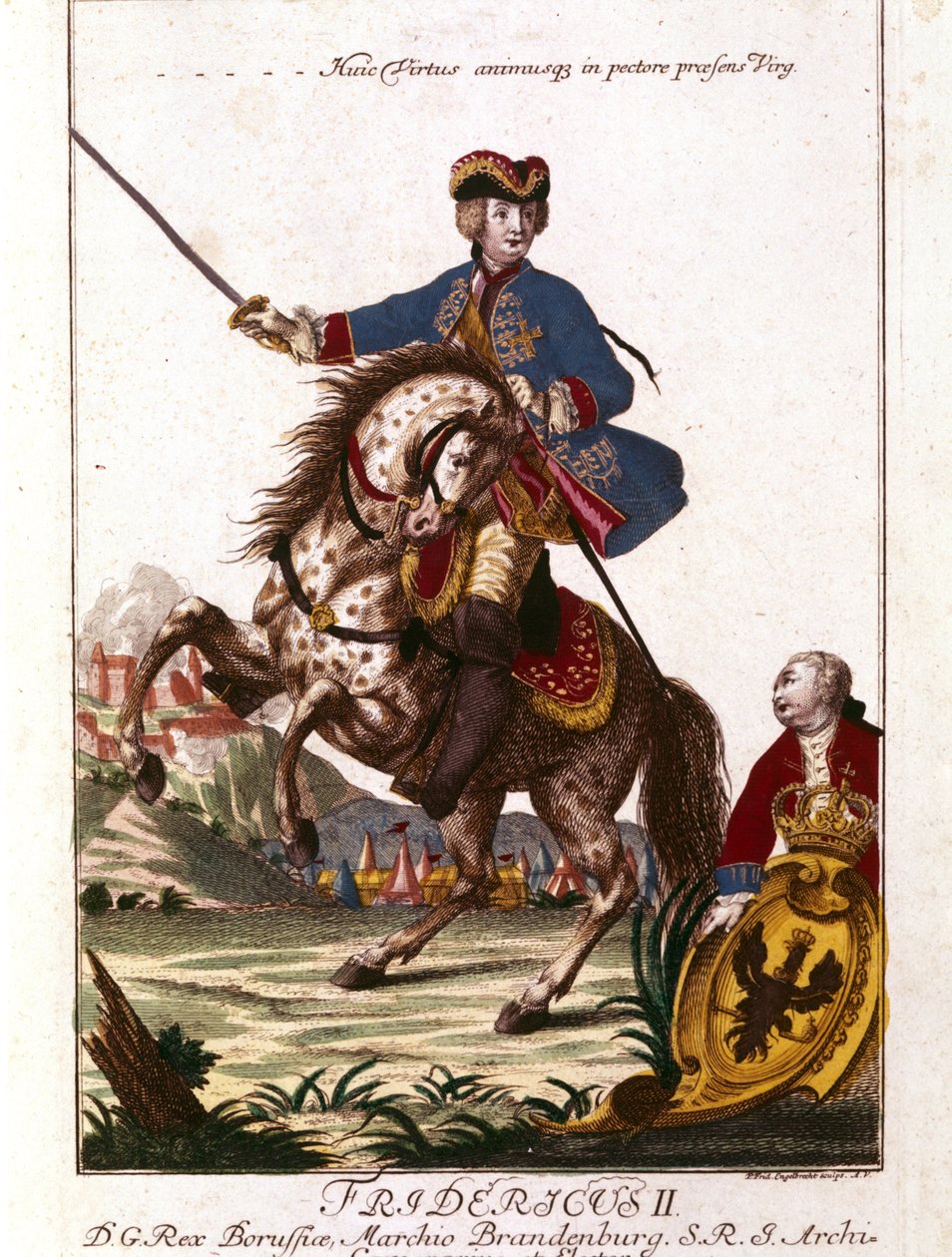 Frederick II Preussin (1712-1786) muotokuva, joka tunnetaan Frederick Suurena. Kaiverrus 1700-luvulta. . tekijältä Unknown artist