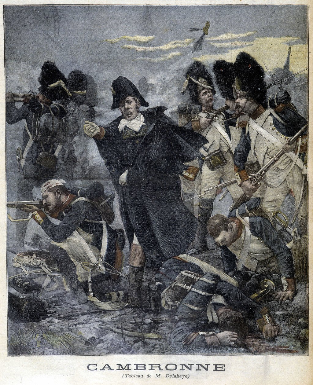 Kenraali Cambronnen (1770 - 1842) muotokuva taistelun aikana. Kuvitus "" Petity Journalista"" vuodelta 1891. tekijältä Unknown artist