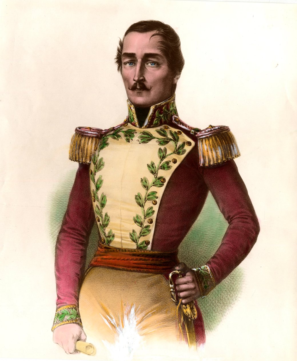 Muotokuva kenraali Santanderista (Francisco de Paula) (1782-1840), Kolumbian armeija ja valtiomies, vuoden 1819 itsenäisyyden sankari. Kaiverrus 1836 yksityiskokoelmasta tekijältä Unknown artist