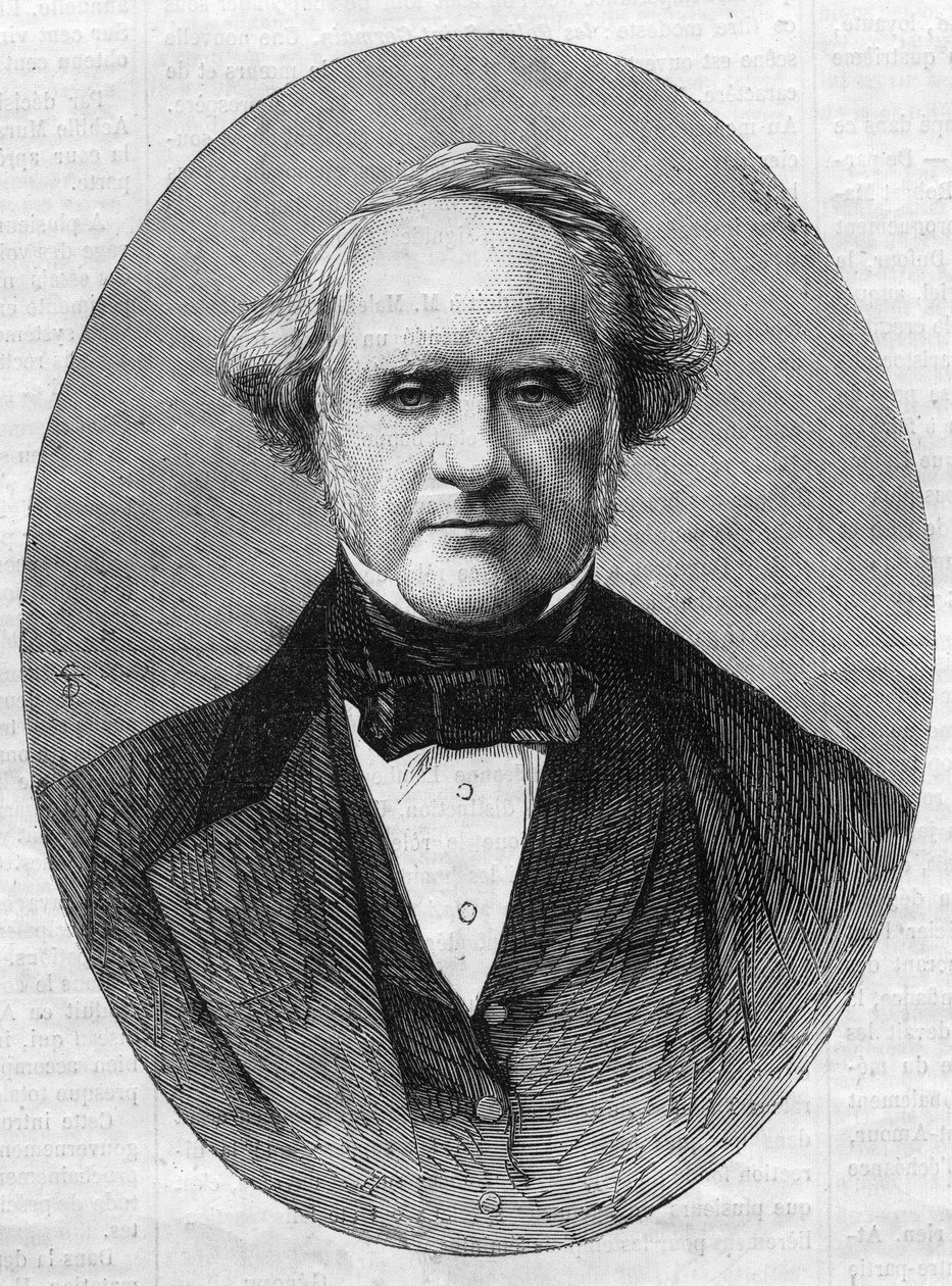 Muotokuva George Peabodysta (1795-1869), yrittäjä ja filantrooppi, joka perusti Johns Hopkinsin yliopiston Peabody Institute -konservatorion Marylandissa, Yhdysvalloissa. Kaiverrus "" Maineikas universumi"" tekijältä Unknown artist