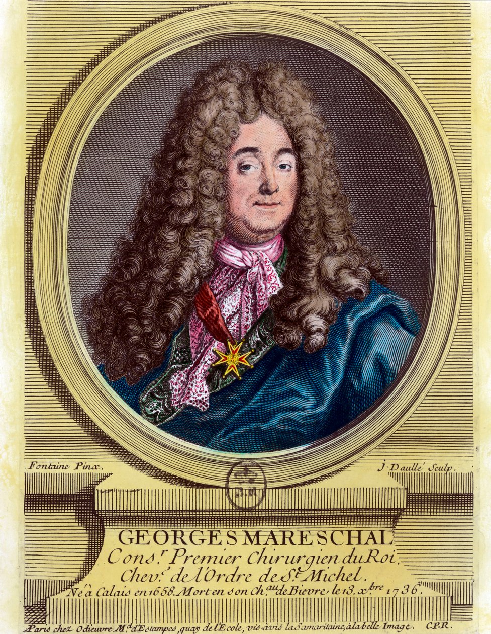 Muotokuva Georges Marechalista (1658 - 1736), kuninkaan ensimmäisestä kirurgista 1703 - 1719. Kaiverrus 1700-luvulta. Yksityinen kokoelma. tekijältä Unknown artist