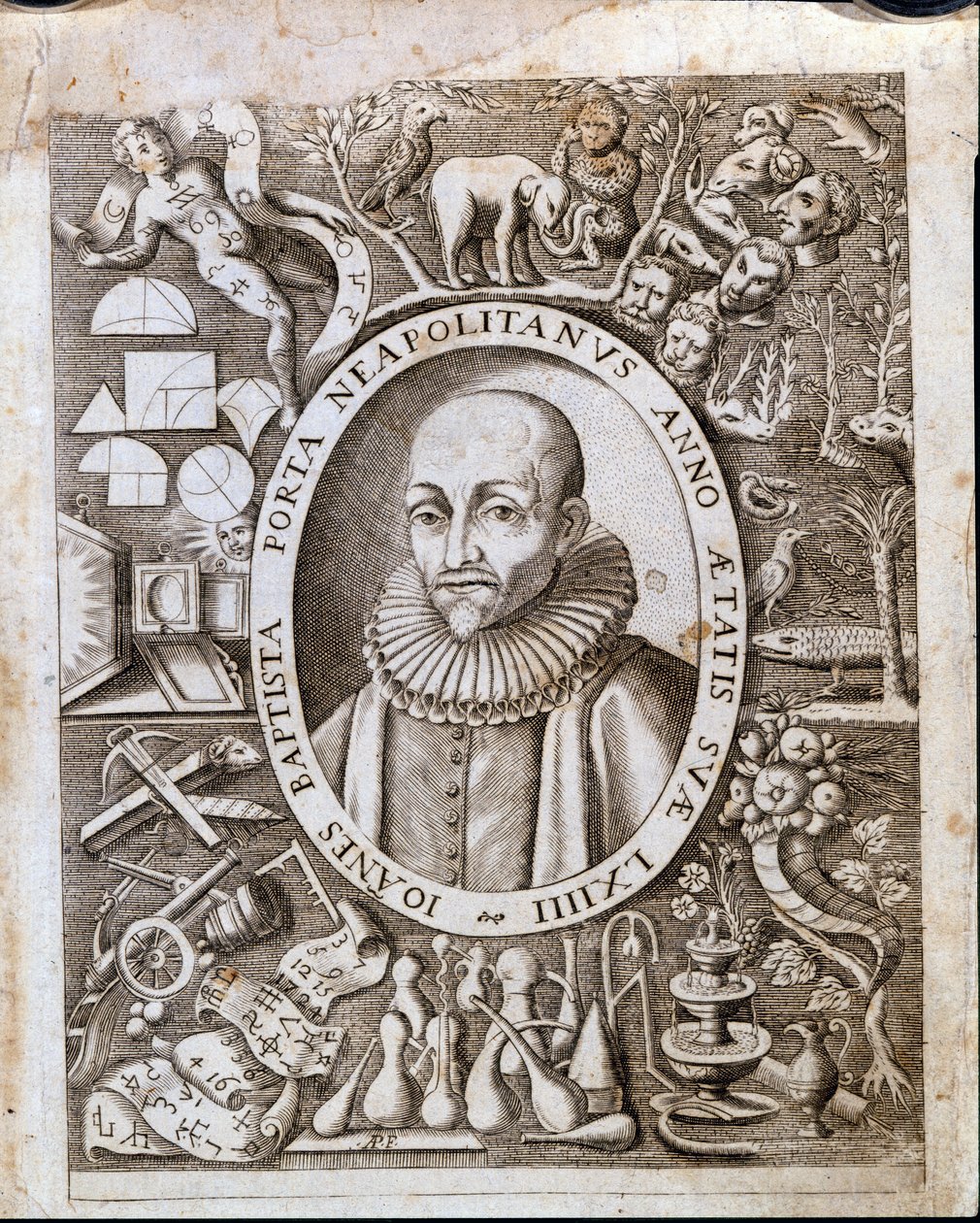 Muotokuva Giambattista (Johannes Kastaja, Johannes Kastaja) della Porta (1535 - 1615) "Magiae Naturaliksen" etureunassa. 17. vuosisata. tekijältä Unknown artist