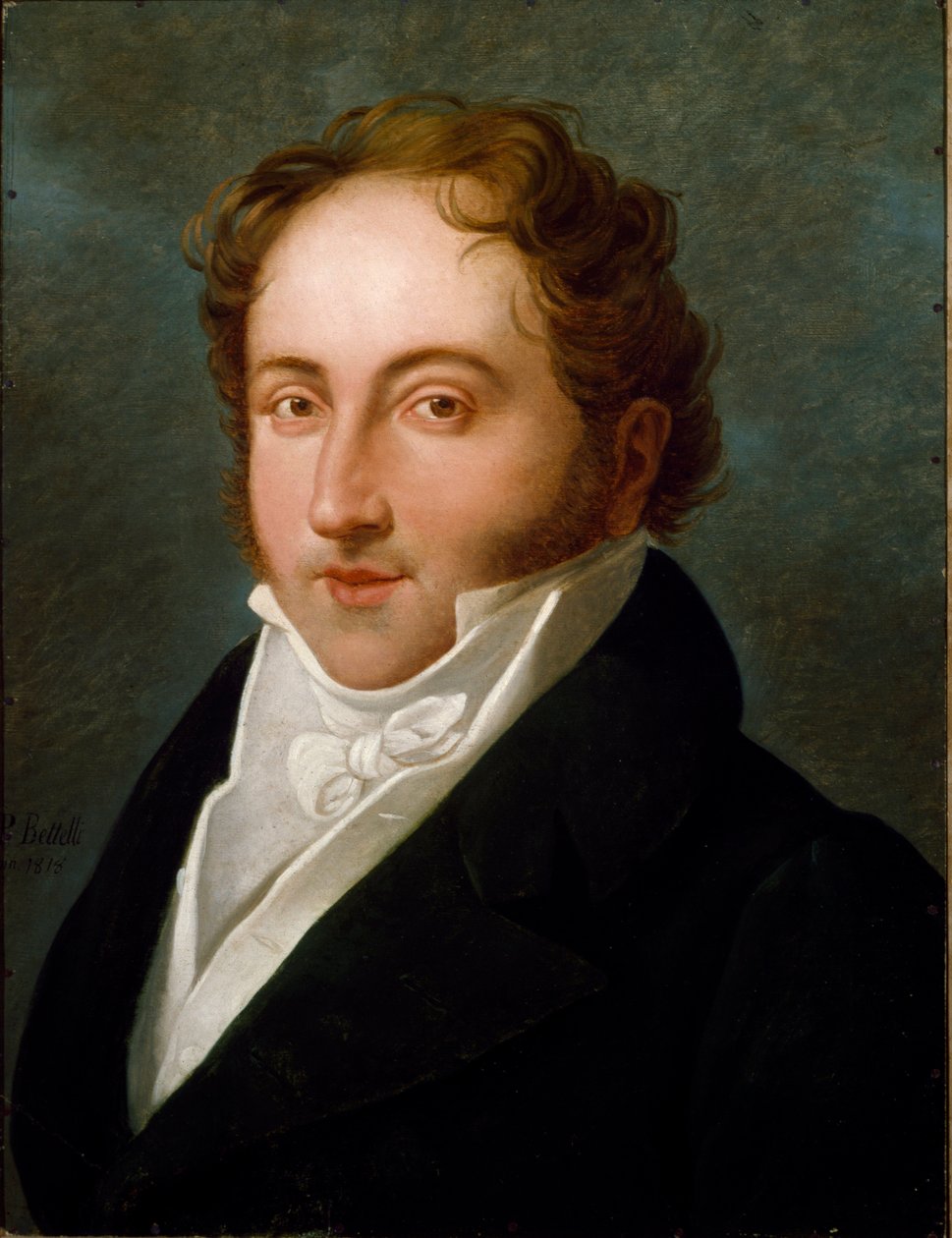 Muotokuva Gioachino (Gioacchino) Rossinista (1792-1868), italialainen säveltäjä Anonyymi maalaus. 1818 Bologna, Civic Musical Bibliographic Museum - Gioacchino Rossinin (1792-1868), italialaisen säveltäjän muotokuva. Anonyymi maalaus 1818. Civico Museo Bib tekijältä Unknown artist