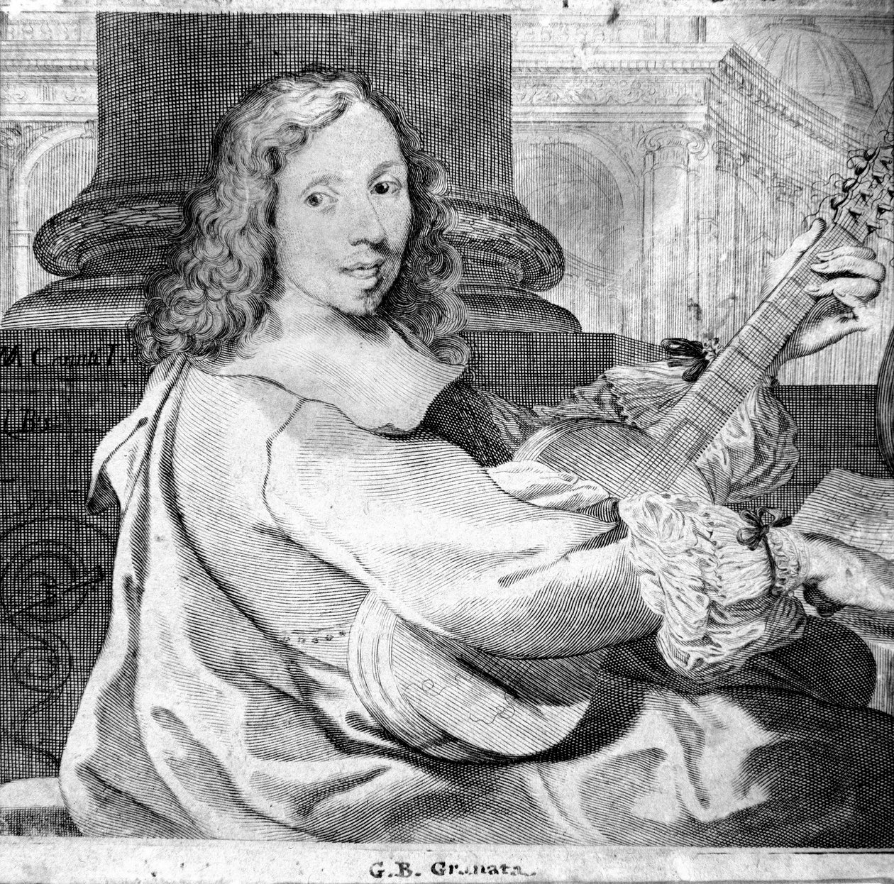 Giovanni Battista Granatan (1620 / 21-1687) muotokuva italialaisesta kitaristista ja säveltäjästä Kaiverrus. Bologna, kansalaismusiikkimuseo tekijältä Unknown artist
