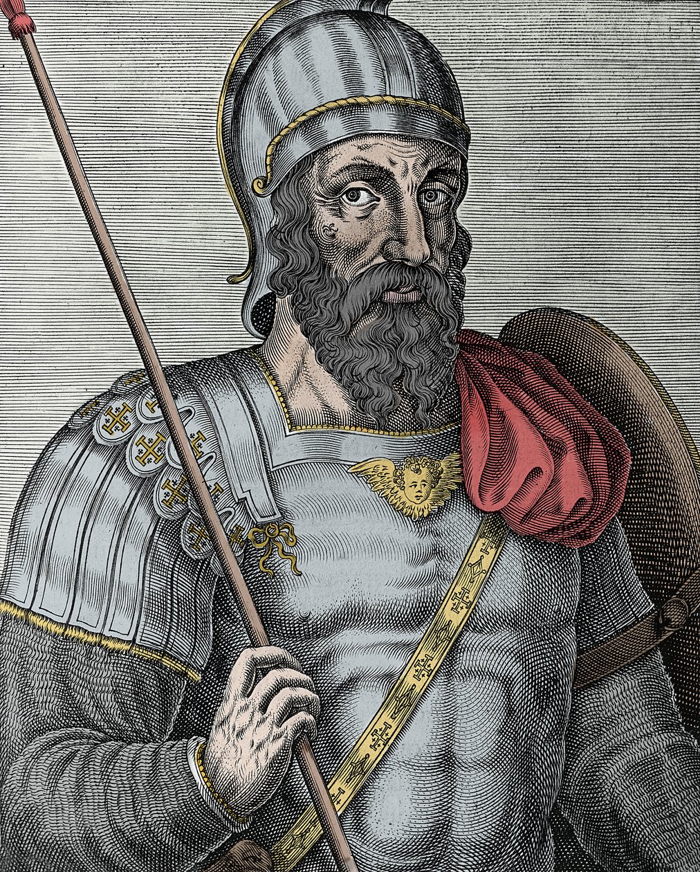 Muotokuva Godfrey of Bouillonista (Godefroy de Bouillon) (1040/61-1100), frankkiritari, yksi ensimmäisen ristiretken johtajista - Kaiverrus 1500-luku tekijältä Unknown artist