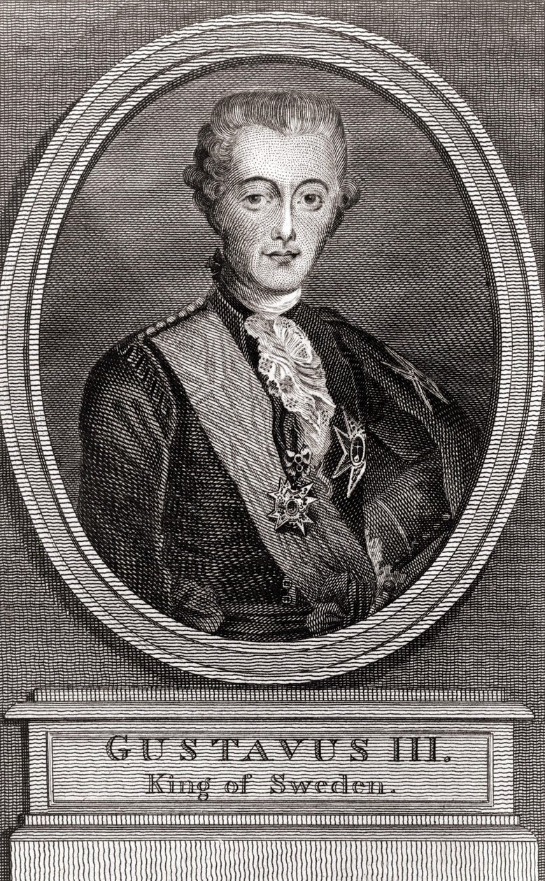 Kustaa III:n (1746-1792), Ruotsin kuninkaan muotokuva vuosina 1771–1792, kaiverrus vuodelta 1787 "" Kokoelma eilisen vuoden sotilaille"" tekijältä Unknown artist
