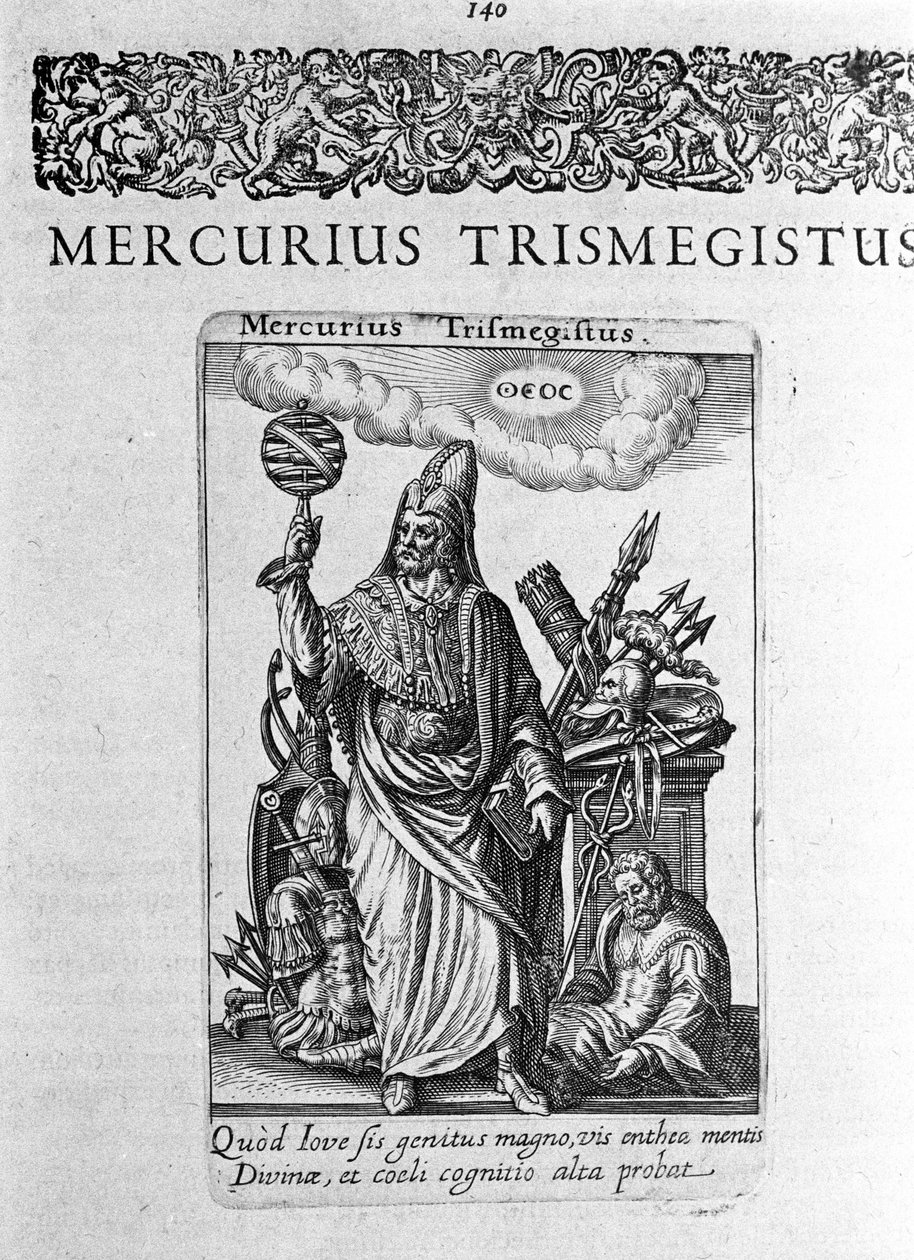 Astrologi Hermes Trimigisteen (Trismegiste) (Trismegistus) muotokuva, ihanteellinen muotokuva Jacques Boissardin tutkielmasta "De divinatione et Magicis" 1605. tekijältä Unknown artist