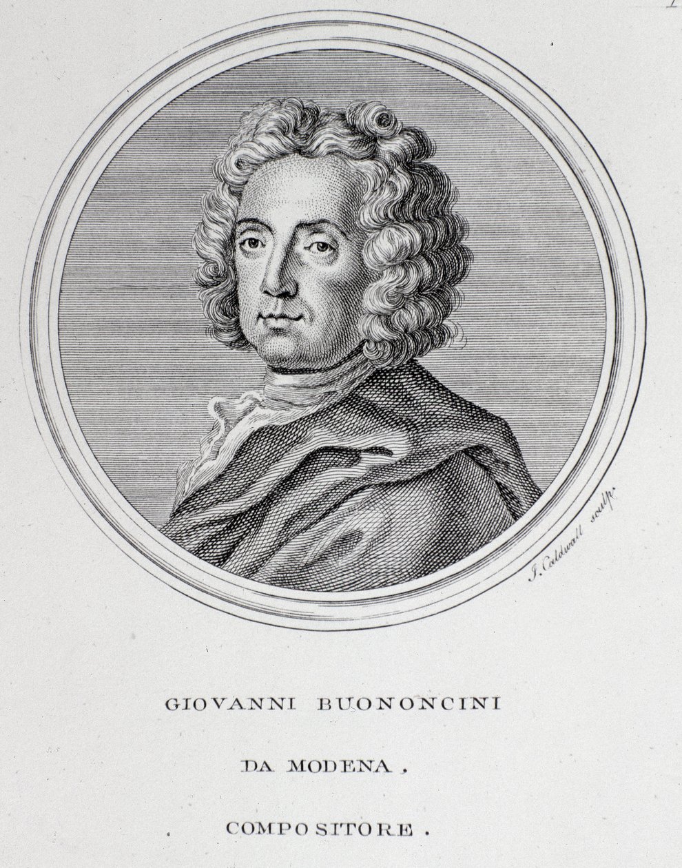 Italialaisen barokkisäveltäjän ja sellisti Giovanni Battista Bononcinin (1670-1747) muotokuva Kaiverrus. 1700-luvulla. Bologna, kansalaisbibliografinen museo tekijältä Unknown artist