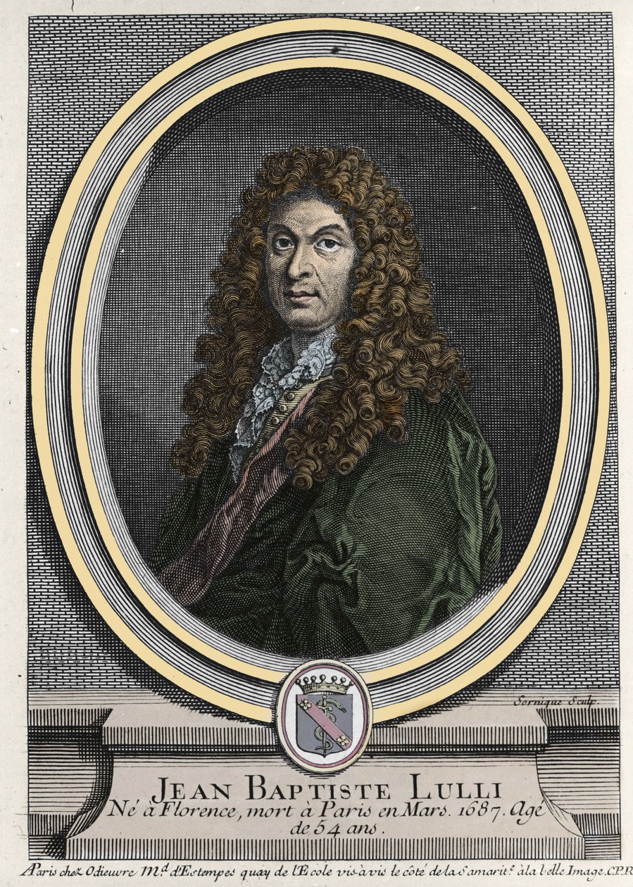 Muotokuva Jean Baptiste Lullystä (Giovanni Battista Lulli) (1632-1687), italialaista alkuperää olevasta ranskalaisesta säveltäjästä. Kaiverrus 1800-luvulta. tekijältä Unknown artist