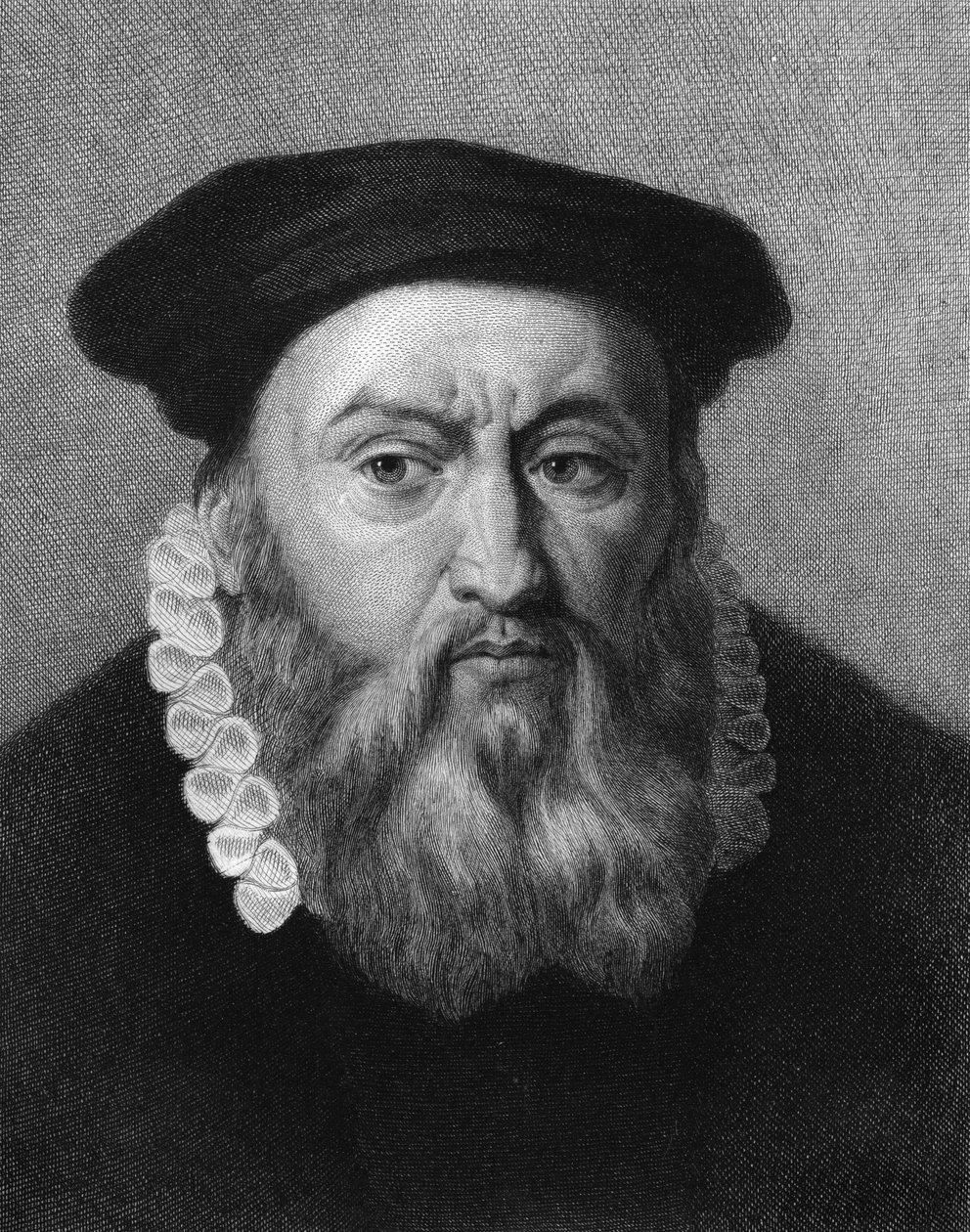 Jean Calvinin (1509 - 1564), ranskalaisen uskonnollisen uudistajan ja kirjailijan muotokuva - Lavalléen "Histoire des Français" -kirjassa, kaiverrus, n.d. tekijältä Unknown artist