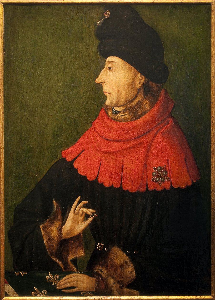Burgundin herttua (1371-1419) Jean Sans peurin muotokuva. Sormus, jota hän pitää kädessään, on Philip Hardin vuonna 1397 ostama Burgundin rubiini, joka säilytettiin Saint Benignen luostarissa Dijonissa ja jonka luostari luovutti jokaiselle uudelle herttual tekijältä Unknown artist
