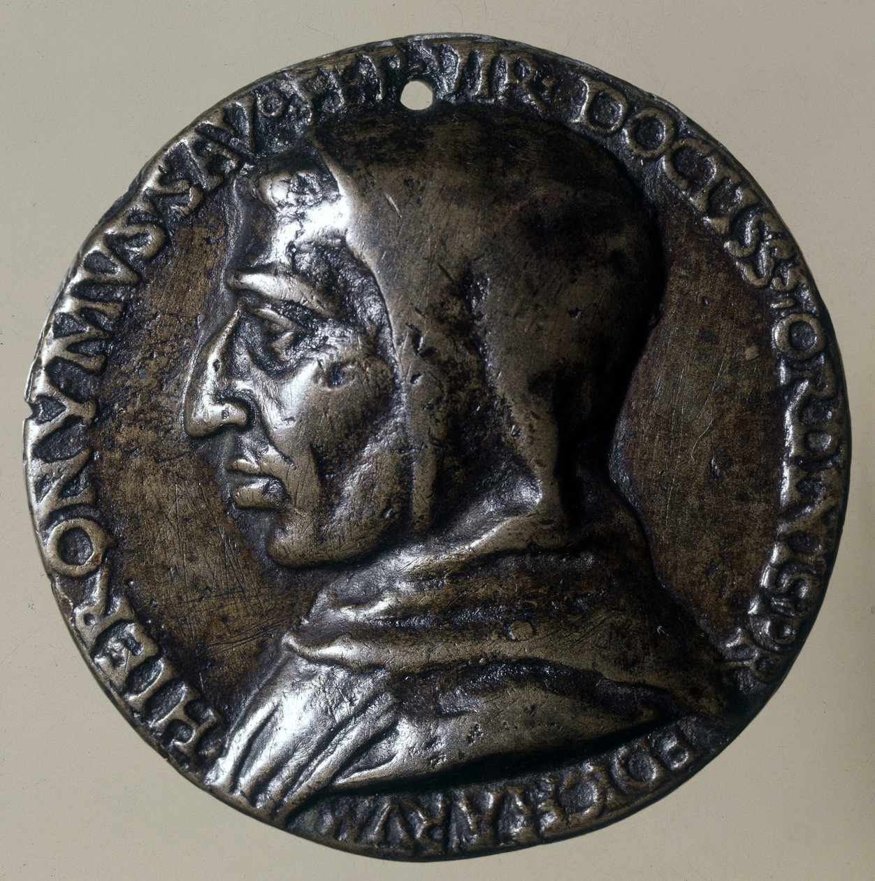 Muotokuva Jerome Savonarolasta tai Girolamo Savonarolasta (1452 - 1498), italialainen saarnaaja. Hän perusti teokraattisen hallinnon Firenzeen. Ajan medaljonki. tekijältä Unknown artist