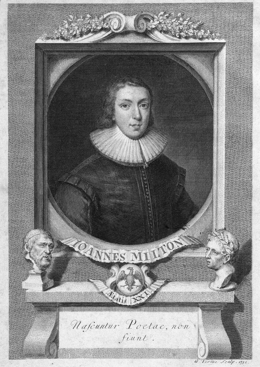 John Miltonin, englantilaisen runoilijan ja esseistien (1608 - 1674) muotokuva kaiverrus 1700-luvulta tekijältä Unknown artist