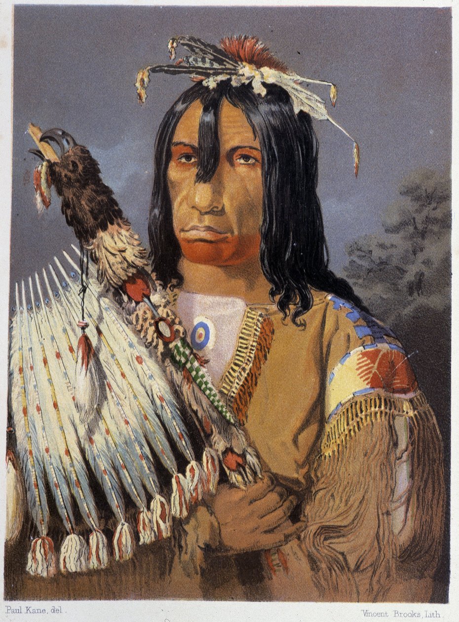 Muotokuva Kee-Ake-Saa-Ka-Wowista kalumetin kanssa - Paul Kanen, Longmans & Roberts, Lontoon teoksessa "" Taiteilijan vaeltaminen Pohjois-Amerikan intiaanien joukossa" tekijältä Unknown artist