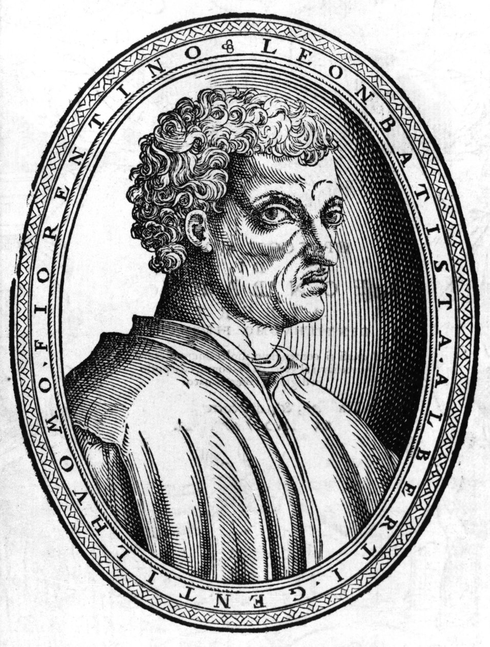 Léon Battista Albertin (1404 - 1472), italialaisen humanistin ja arkkitehdin muotokuva, sd-kaiverrus. tekijältä Unknown artist