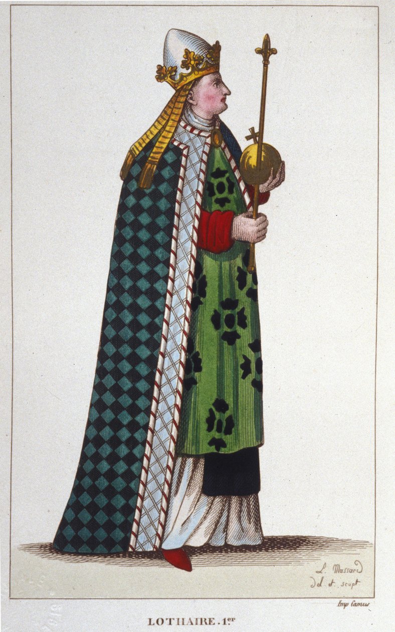 Lotharia I:n (795-855), lännen keisarin ja Italian kuninkaan muotokuva kaiverrus vuodelta 1830 tekijältä Unknown artist