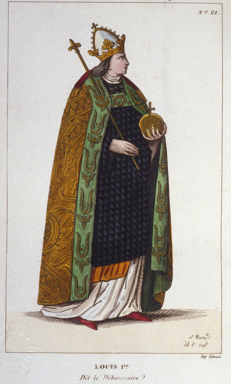 Ludvig I hurskaan eli Debonnairen (778 - 840), lännen keisarin muotokuva, kaiverrus vuodelta 1830 tekijältä Unknown artist