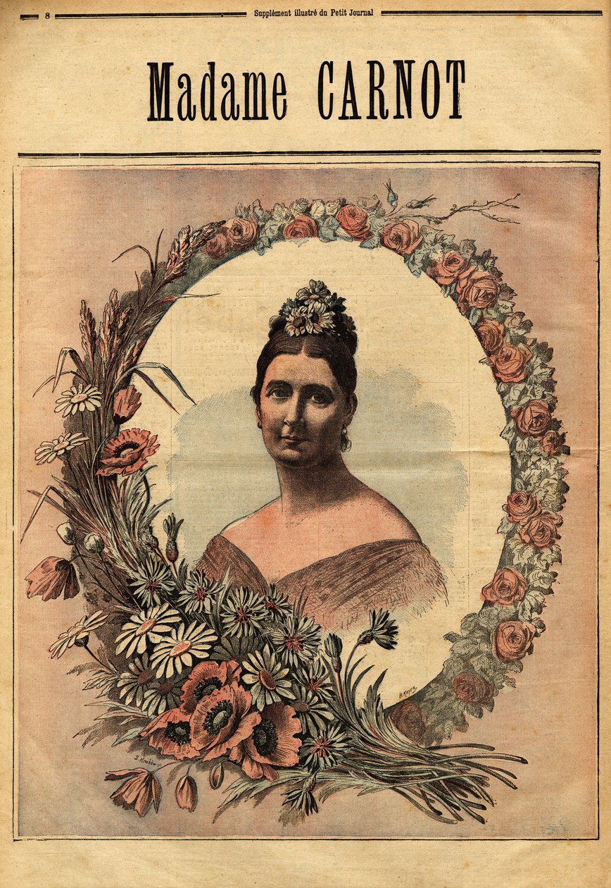 Muotokuva rouva Cecile Dupont-Whitesta (1841-1898), naimisissa vuonna 1863 Sadi Carnot (1837-1894), Ranskan tasavallan presidentti 1887-1994. Kaiverrus "" Le petit journal illustrious"" 29.11.1890. Selvan kokoelma. tekijältä Unknown artist