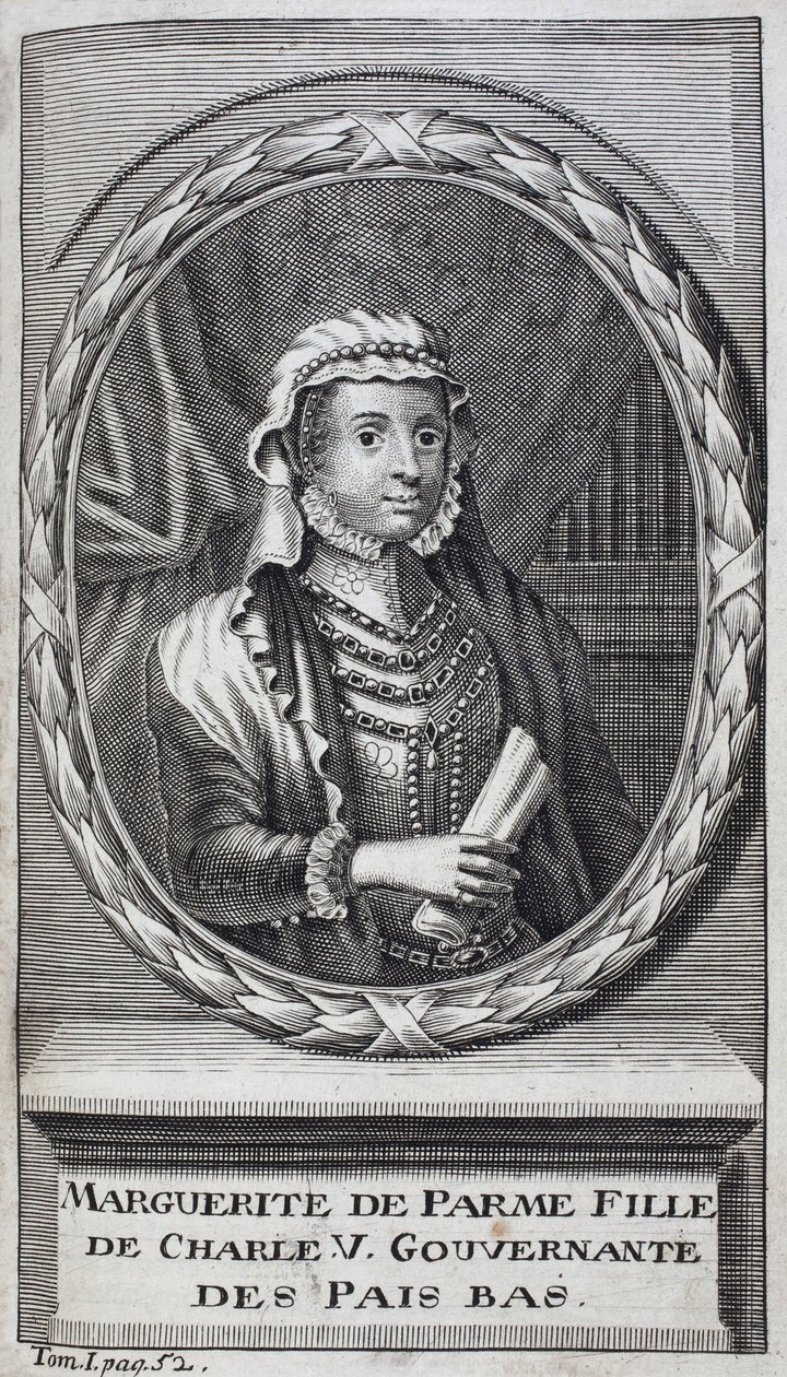 Parman Margaritan (tai Itävallan Margaritan) (1522-1586), Parman ja Piacenzan herttuattaren, Kaarle V:n (1500-1558) luonnollisen tyttären ja Alankomaiden (Alankomaat) kuvernööritar, muotokuva vuosina 1559-1581. Kaiverrus havainnollistamaan "History of the  tekijältä Unknown artist