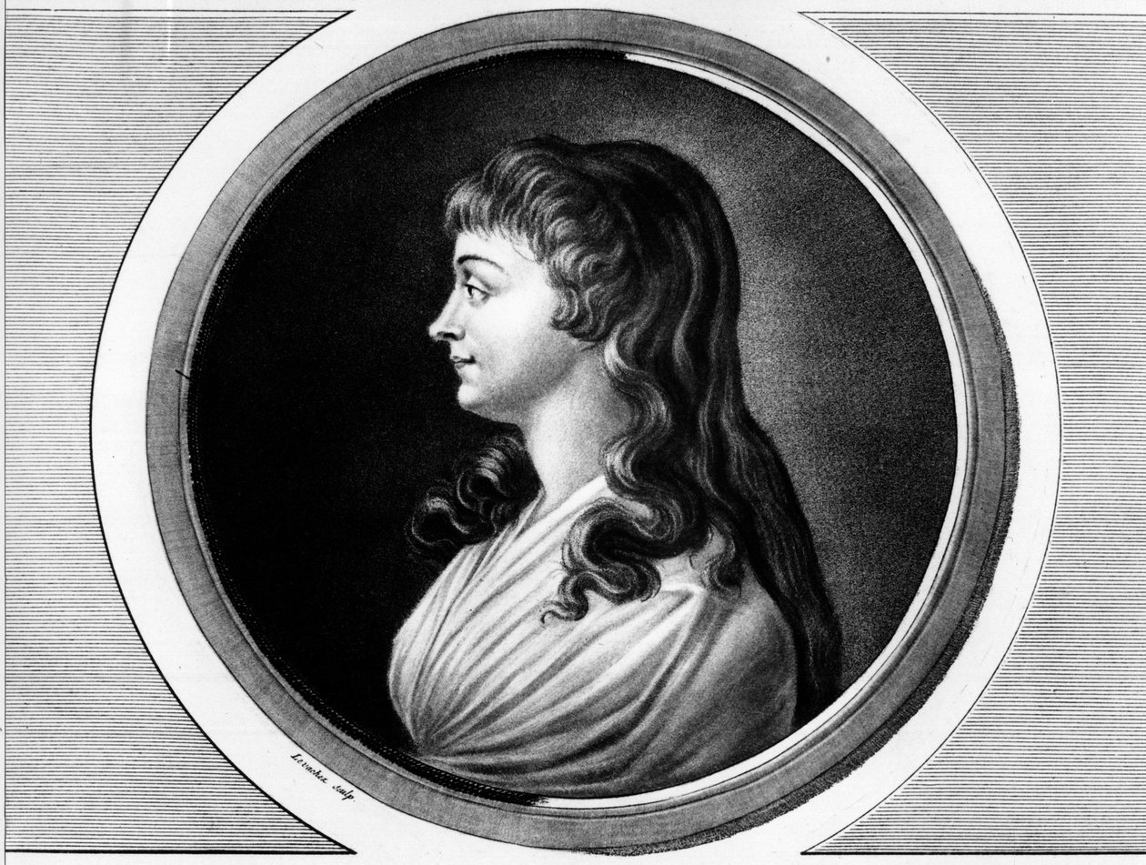 Roland de La Platieren vaimon Marie-Jeanne Phelipponin muotokuva "Madame Roland" (1754-1793). Kaiverrus "" Täydellinen kokoelma Ranskan vallankumouksen historiallisia maalauksia, kolme osaa.""" 1804. tekijältä Unknown artist