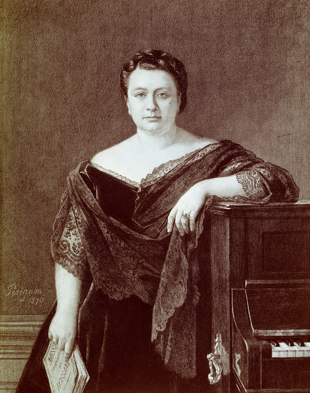 Muotokuva Marietta Albonista (1826-1894), italialainen kontralaulaja. Kaiverrus 1800-luvun yksityiskokoelmasta tekijältä Unknown artist