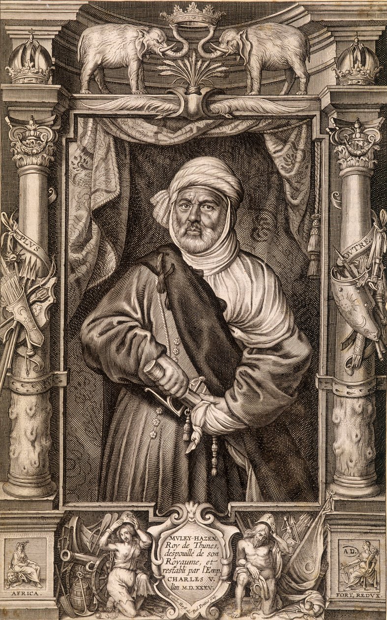 Muotokuva Muley Hazenista (maurien kuningas), Thunesin kuningas, jolta riistettiin valtakuntansa ja jonka keisari Kaarle V ennosti, Tunisia 1535. tekijältä Unknown artist