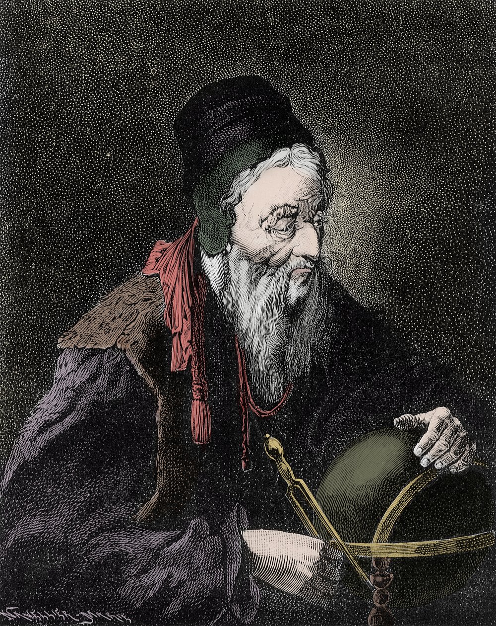 Nostradamuksen muotokuva, Michel de Notre Dame (1503-1566) ranskalainen astrologi ja lääkäri - Kaiverrus 1800-luvulta tekijältä Unknown artist