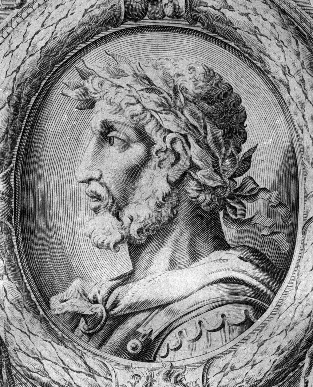 Hunien liittoutuneen herulesin johtajan ja Attilan ministerin (435-493) muotokuva Odoacresta (Odovacar). Kaiverrus 1700-luvulta. tekijältä Unknown artist