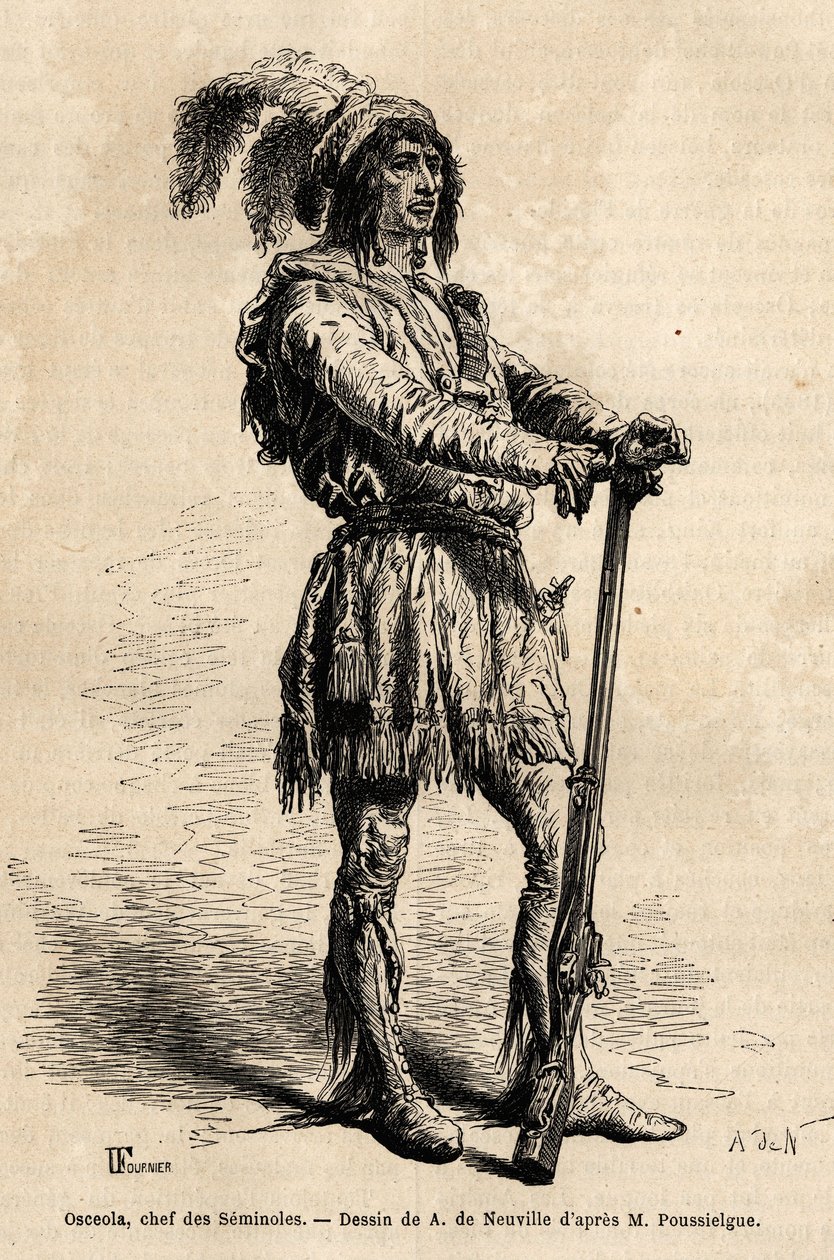 Muotokuva Osceolasta (1804-1838), seminolien johtaja, intialaisten vastarintaliikkeen kärjessä Yhdysvaltoja vastaan Floridan sodan aikana (1835-1842). Kaiverrus havainnollistamaan tarinaa neljä kuukautta Floridassa, Achille Pousselgue vuosina 1851-1852, ju tekijältä Unknown artist