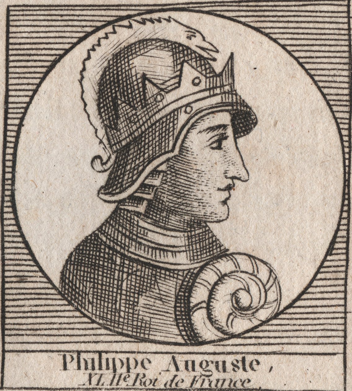 Muotokuva Philip II:sta Philippe Augustesta (1165-1223) - Philip Augustus II:sta (1165-1223) Ranskan kuninkaasta - kaiverrus Charles Constant Le Tellierin kirjoituksesta "Instruction sur l