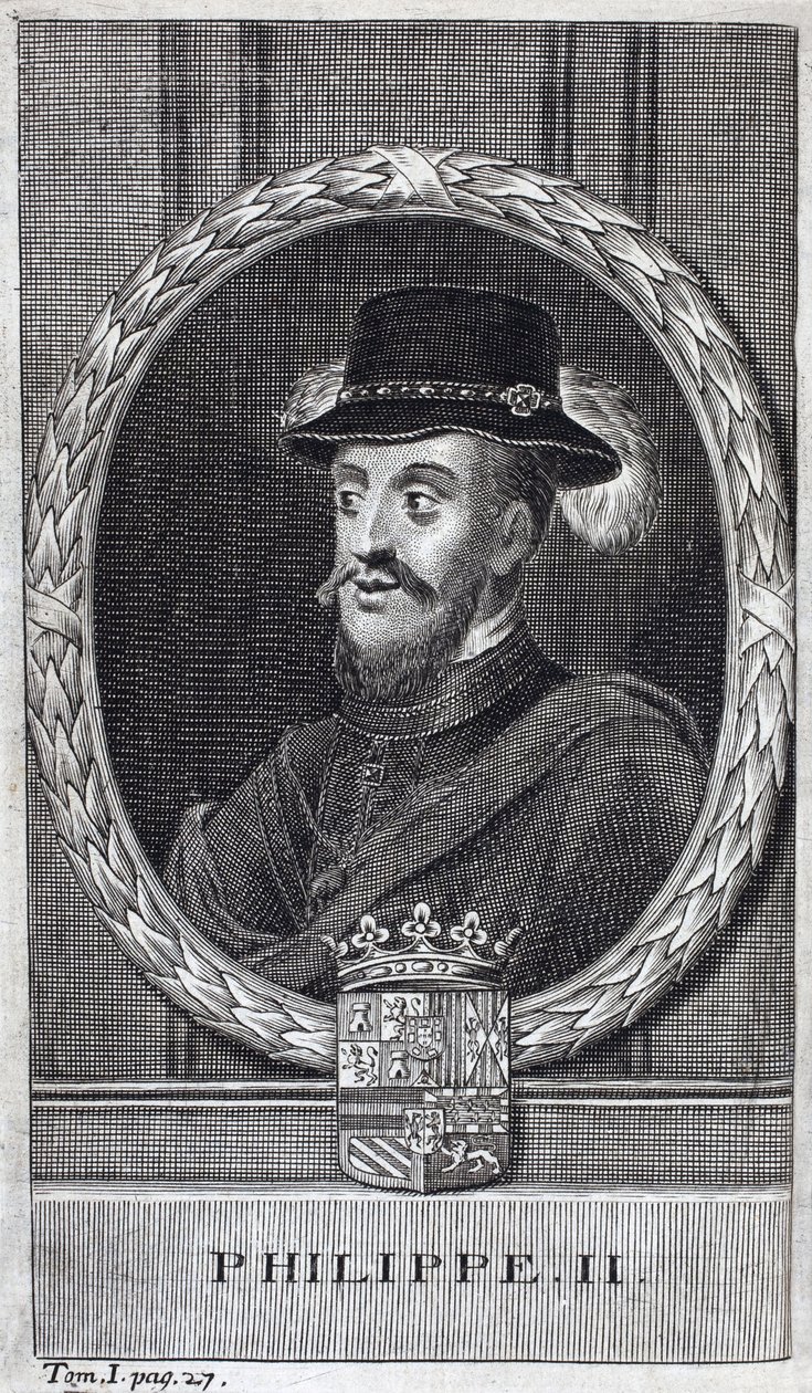 Muotokuva Philip II:sta Espanjan (Felipe) (1527-1598), Espanjan ja Portugalin kuninkaasta. Kaiverrus "Flanderin sodan historiaa", kirjoittanut Flamianus Strada, painos Joseph T