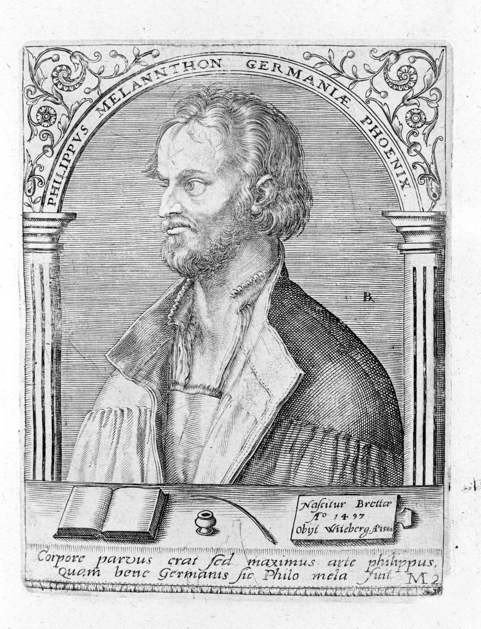 Muotokuva Philip Melanchthonista (Melanchthon) (1497 - 1560), saksalaisesta uskonnonuudistajasta. Kaiverrus. tekijältä Unknown artist