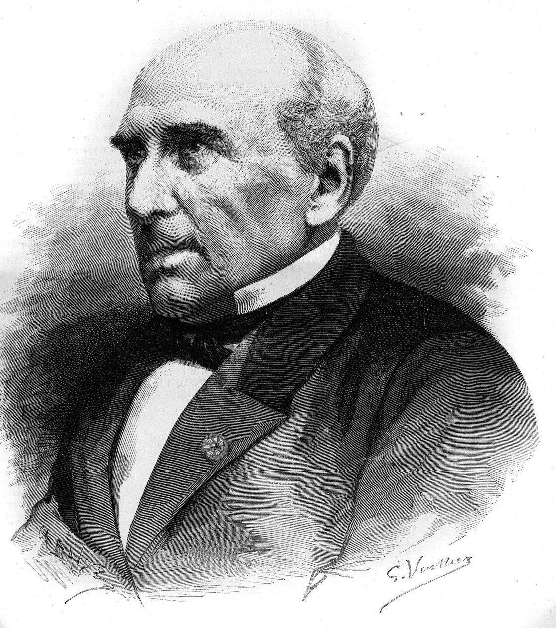 Pierre Guillaume Frederic Le Play (Pierre-Guillaume-Frederic) (1806-1882), ranskalaisen insinöörin ja sosiologin muotokuva. Kaiverrus "" Le Monde Illustré" -julkaisussa nro 1306, 8. huhtikuuta 1882. tekijältä Unknown artist