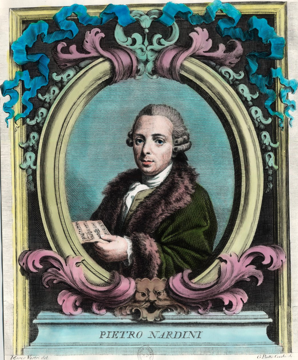 Pietro Nardinin (1722 - 1793), italialaisen viulistin ja säveltäjän muotokuva. Kaiverrus 1700-luvulta. Yksityinen kokoelma. tekijältä Unknown artist
