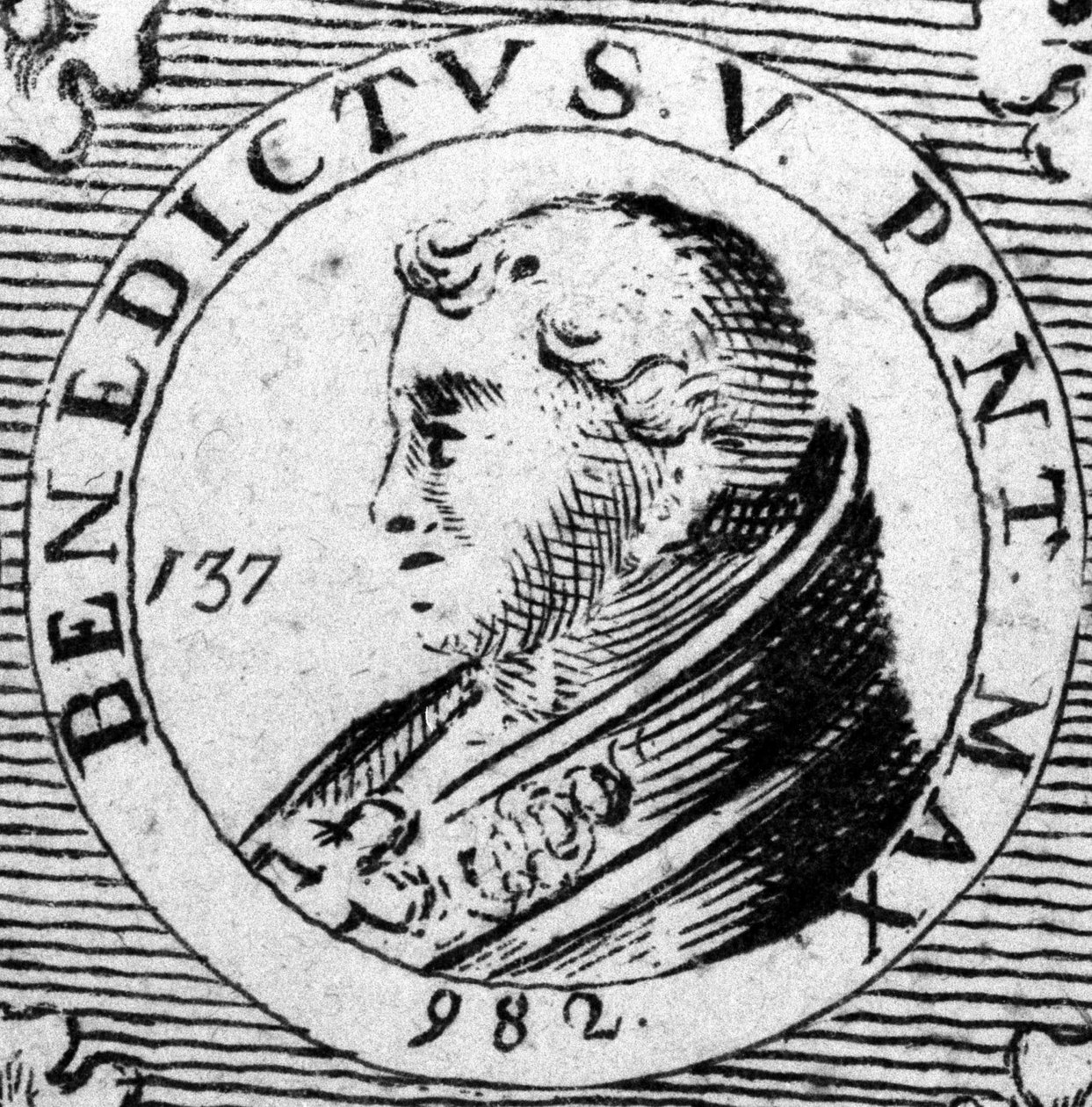 Paavi Benoit V:n muotokuva. Kaiverrus 1800-luvulta. tekijältä Unknown artist