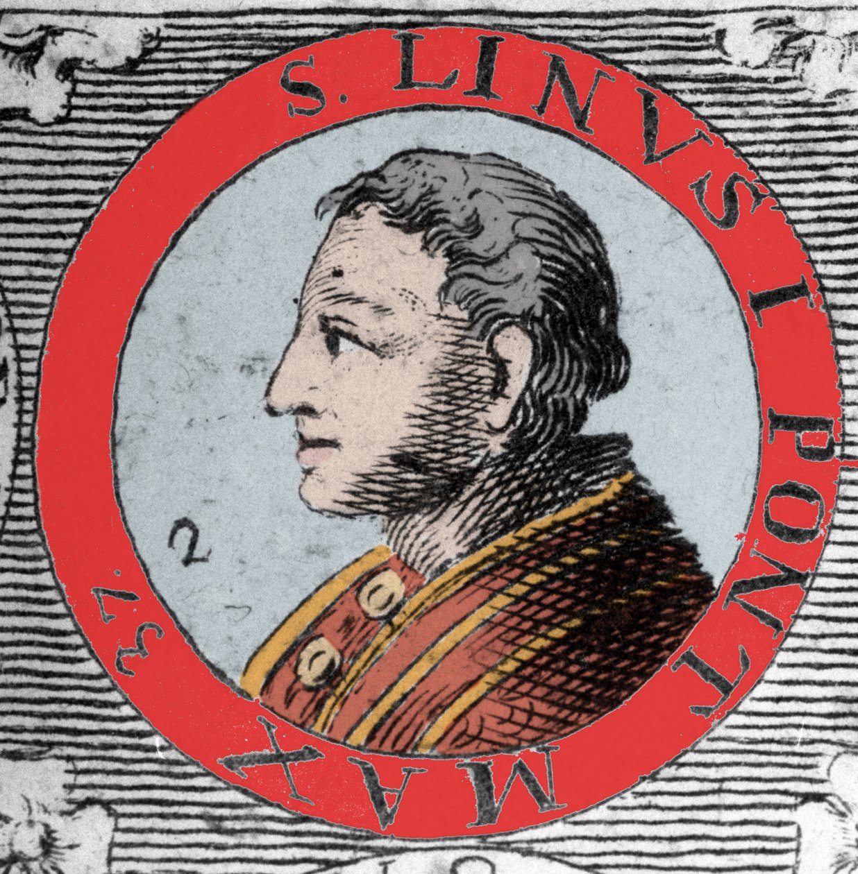 Paavi Linin (Linus, San Lino) muotokuva Roomasta ja Pietarin seuraajasta. 1. vuosisadalla. Kaiverrus 1800-luvulta. tekijältä Unknown artist