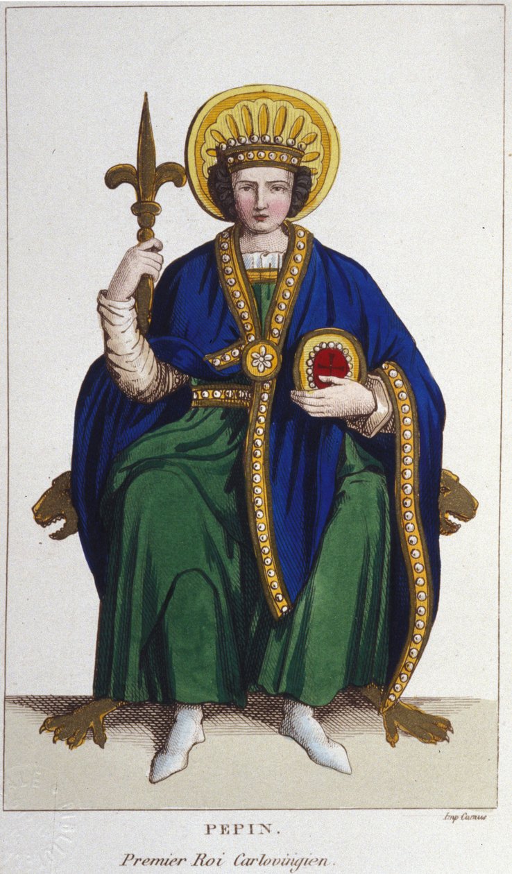 Muotokuva Pépin le Briefistä (v. 714 - 768), frangien kuningas, ensimmäinen Karolingien kaiverrus vuodelta 1830 tekijältä Unknown artist