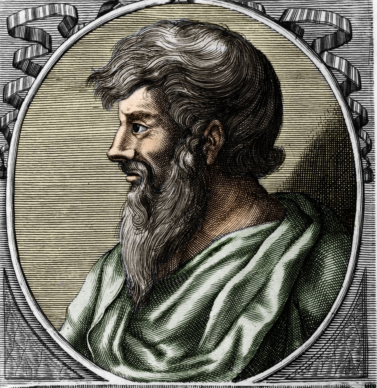 Pythagoraan (n. 570 - noin 480 eKr.), kreikkalaisen matemaatikon ja filosofin muotokuva. Kaiverrus 1700-luvulta tekijältä Unknown artist