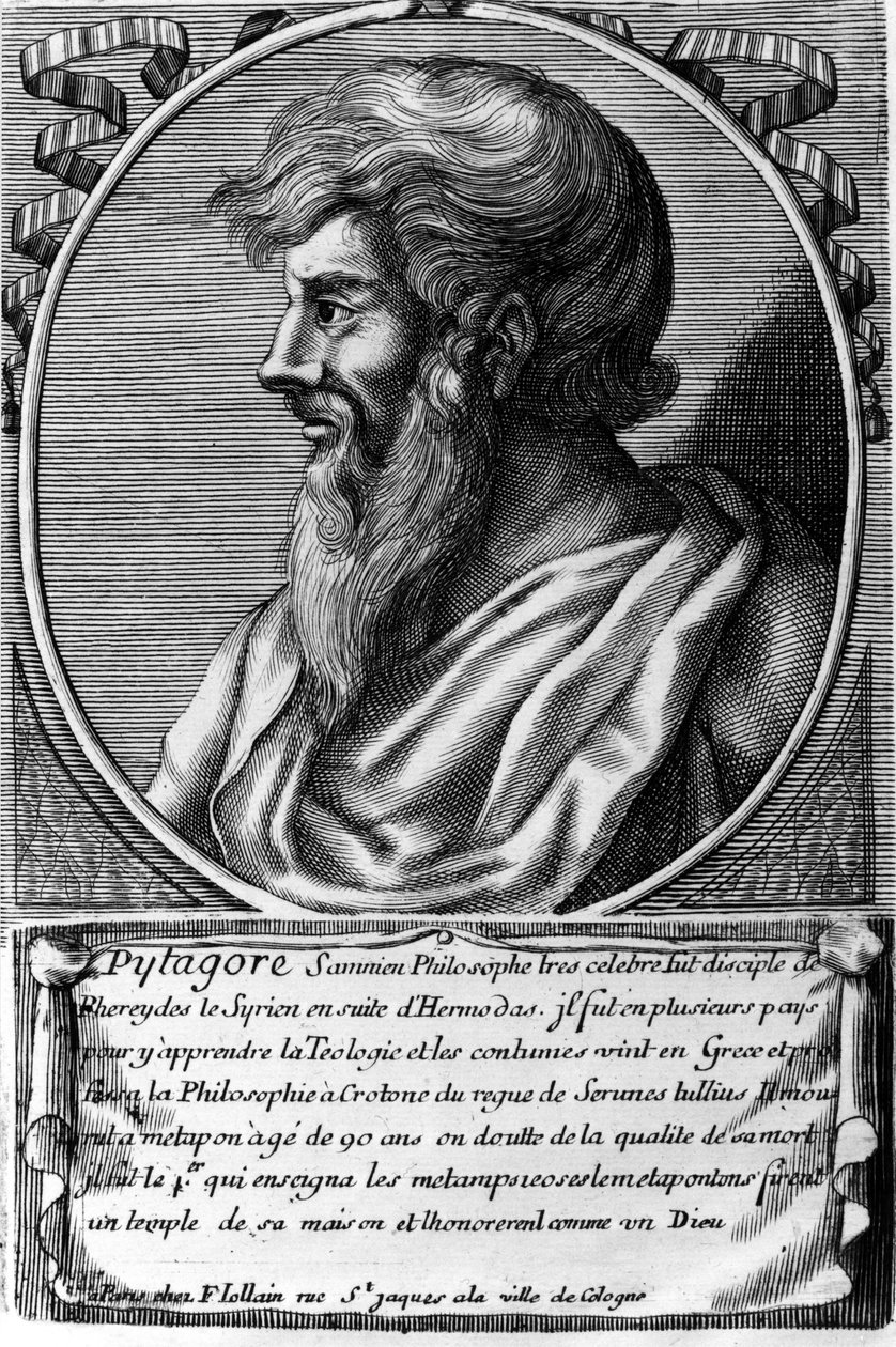 Pythagoraan (noin 570 - noin 480 eKr.), kreikkalaisen matemaatikon ja filosofin muotokuva. Kaiverrus 1700-luvulta tekijältä Unknown artist