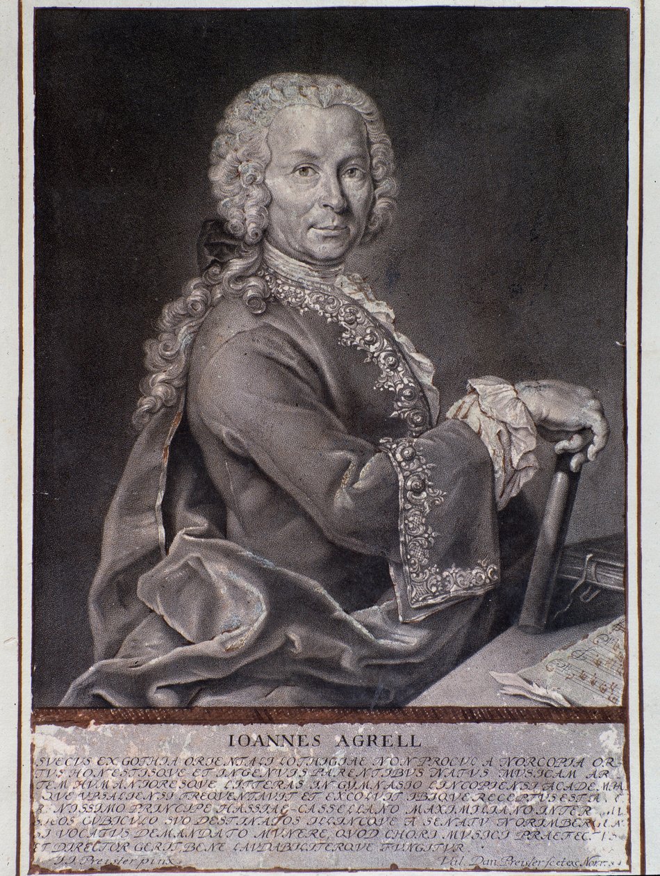 Ruotsalaisen säveltäjän ja viulisti Johan Joachim Agrellin muotokuva (kaiverrus tekijältä Unknown artist