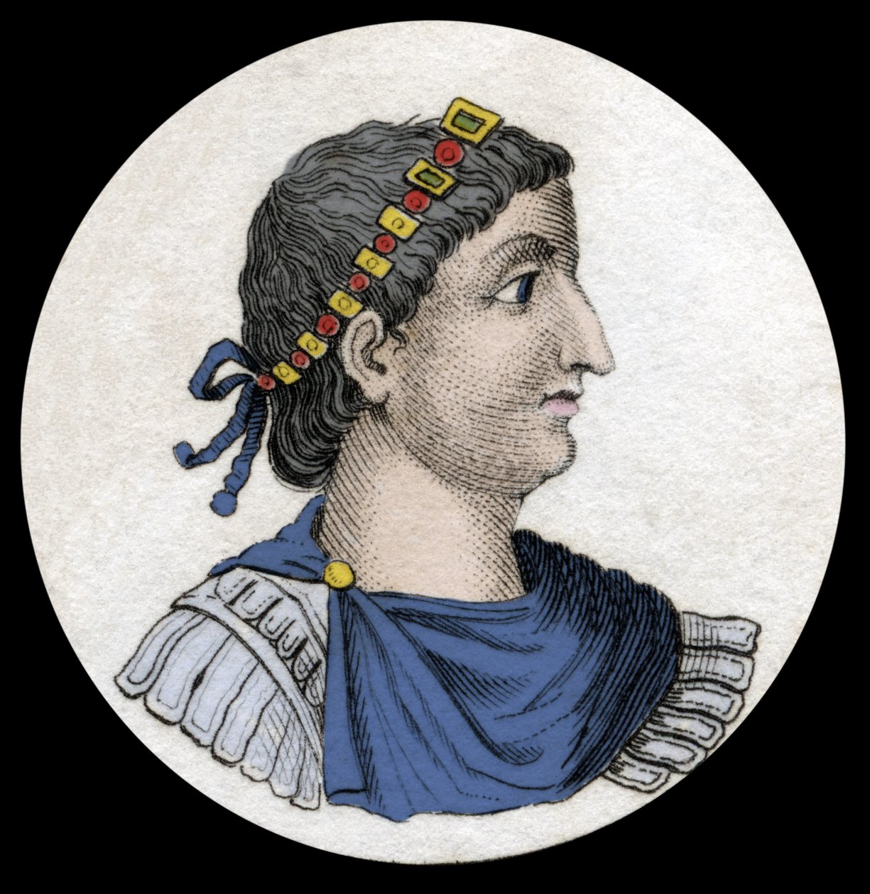 Theodosius I:n (Flavius Theodosius) (347-395), Rooman keisarin muotokuva, kaiverrus 1800-luvulta. tekijältä Unknown artist