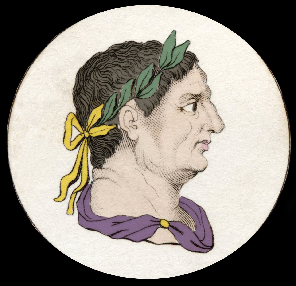 Muotokuva Vitelliuksesta (15-69) on Rooman keisari. Kaiverrus 1800-luvulta. tekijältä Unknown artist