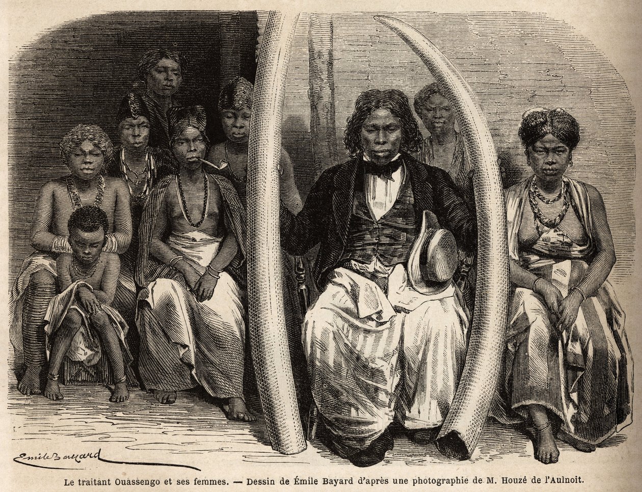 Muotokuva afrikkalaisesta norsunluunnegocianista, joka ympäröi vaimoaan. Emile Bayardin (1837-1891) piirustus kuvaamaan tohtori Griffon du Bellayn matkaa Gaboniin vuosina 1861-64. Kaiverrus kirjassa "" Le tour du monde", toimittanut Edouard Charton tekijältä Unknown artist
