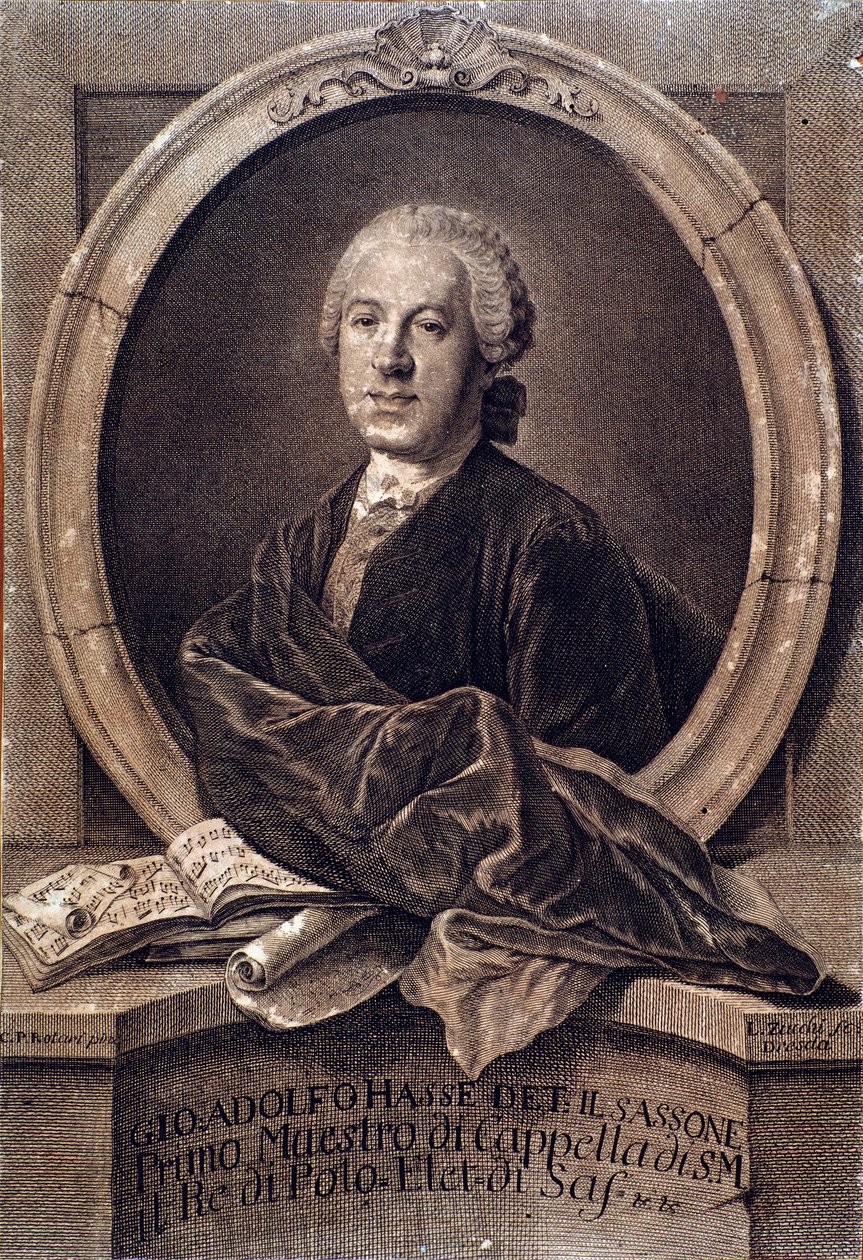 Englannin säveltäjän Johann Adolf Hassen (1699-1783) muotokuva Kaiverrus. 1700-luvulla. Bologna, civico museo musico tekijältä Unknown artist