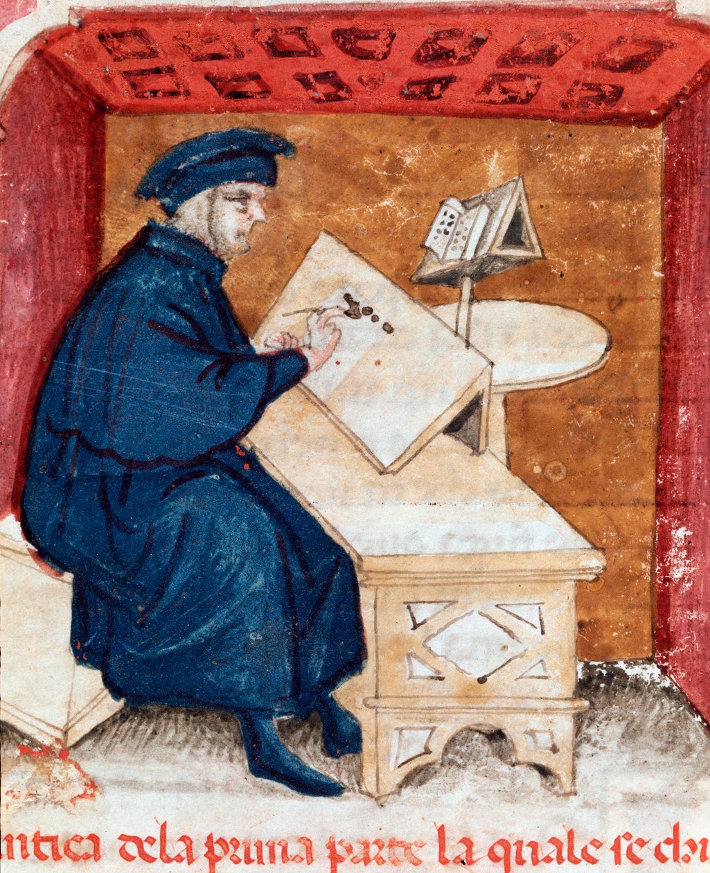Muotokuva italialaisesta runoilijasta Dante Alighieristä, joka kirjoittaa jumalallista komediaansa - Miniatyyrit tekijältä Unknown artist
