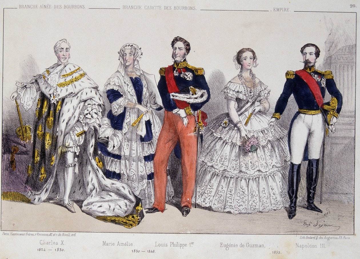 Bourbonien muotokuva. Vasemmalta oikealle: Charles X (1757-1836), Marie Amelie (1782-1866), Louis Philippe I (1773-1850), Eugenie de Guzman (1826-1920) ja Napoleon III (1808-1873). tekijältä Unknown artist