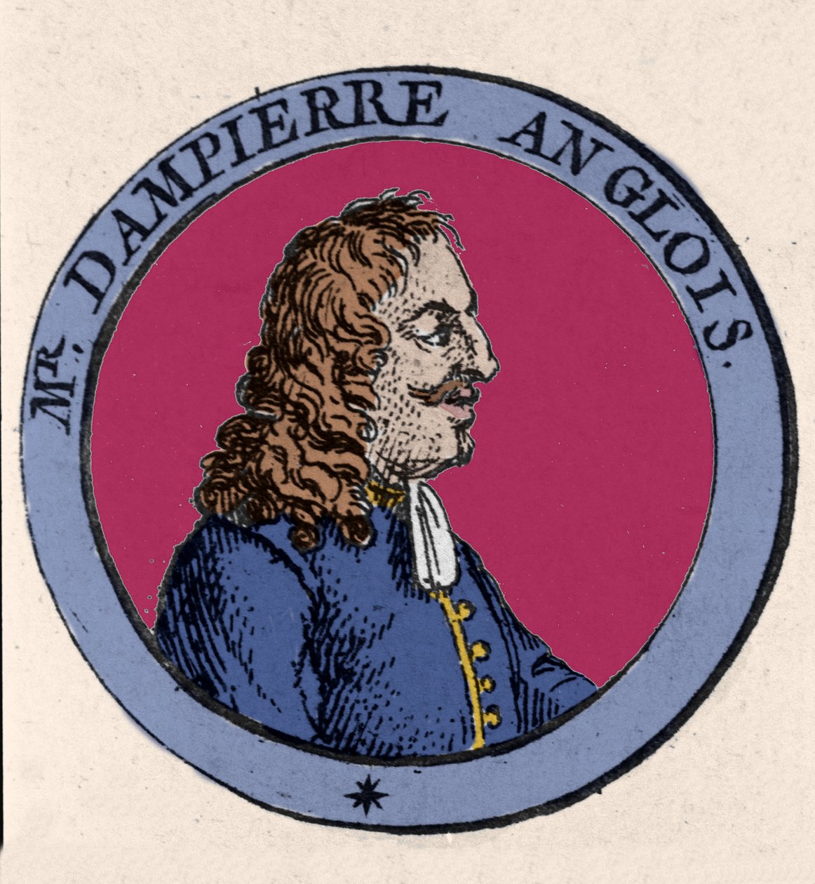 Brittiläisen Bucaneerin, navigaattorin ja tiedemiehen William Dampierin (1652-1715) muotokuva. Kaiverrus 1800-luvulta tekijältä Unknown artist