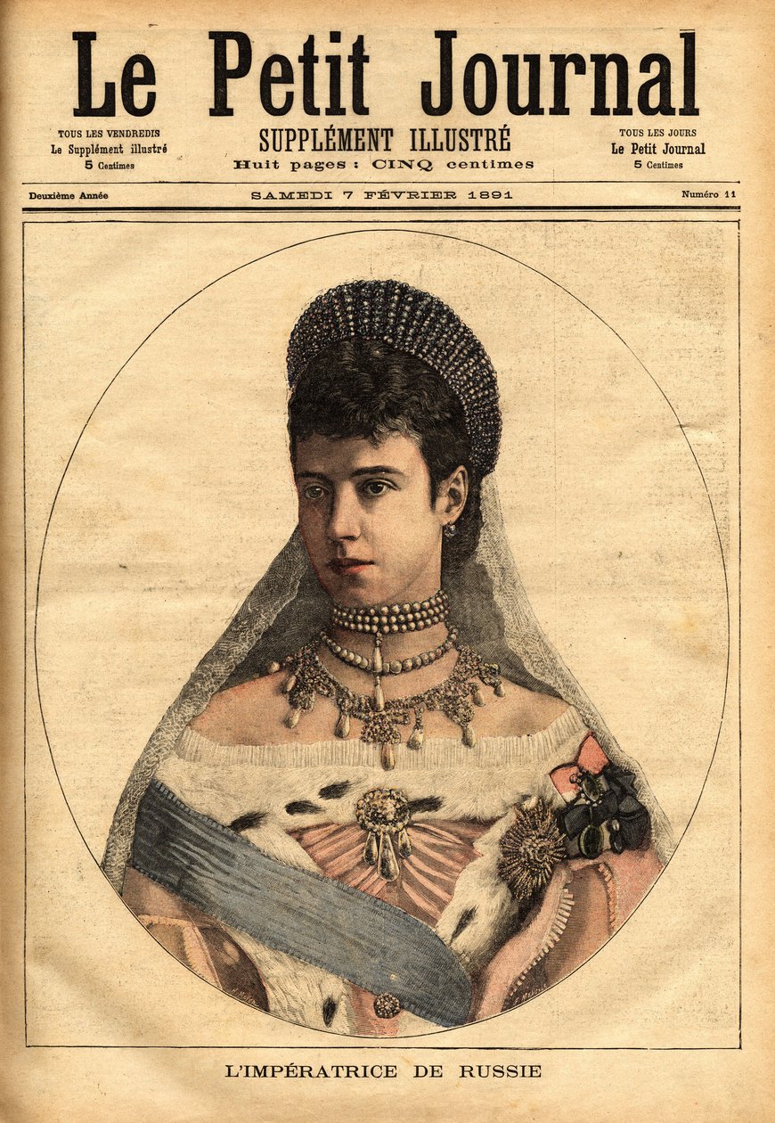 Muotokuva Tanskan prinsessa Mary Sophie Dagmarista (1847-1928), joka avioitui nimellä Mary Feodorovna (tai Fiodorovna tai Fedorovna), vuonna 1866, Aleksanteri Aleksandrovitš Romanov (1845-1894) tai Aleksanteri III:n keisari (tsaari) Venäjä. Kaiverrus "" Le tekijältä Unknown artist