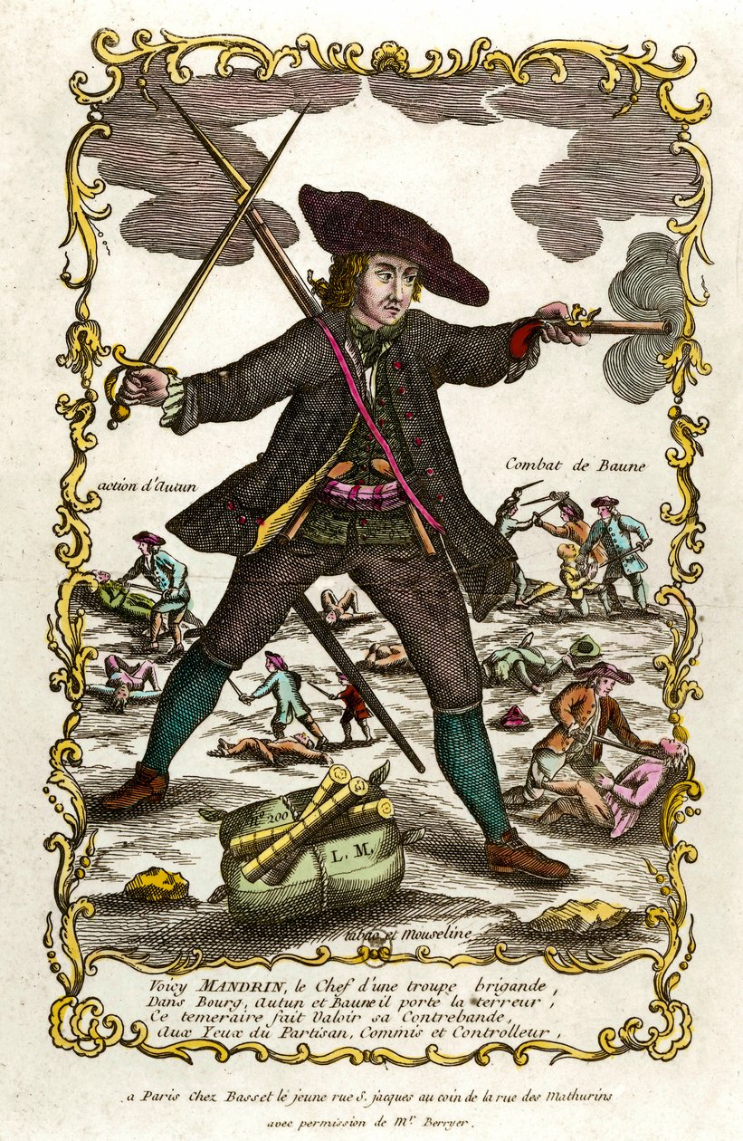 Muotokuva ranskalaisesta ryöstöstä Louis Mandrinista (n. 1725-1755). Hänen takanaan Autunin toiminta ja Baunen taistelu. Kaiverrus 1700-luvulta. Yksityinen kokoelma tekijältä Unknown artist